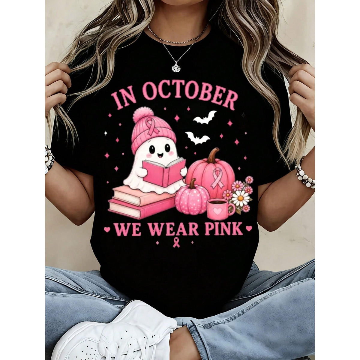 Cute Halloween Breast Cancer Awareness Women T Shirt October We Wear Pink Ghost Pumpkin Reading Book Graphic T-Shirt Autumn Comfortable Top