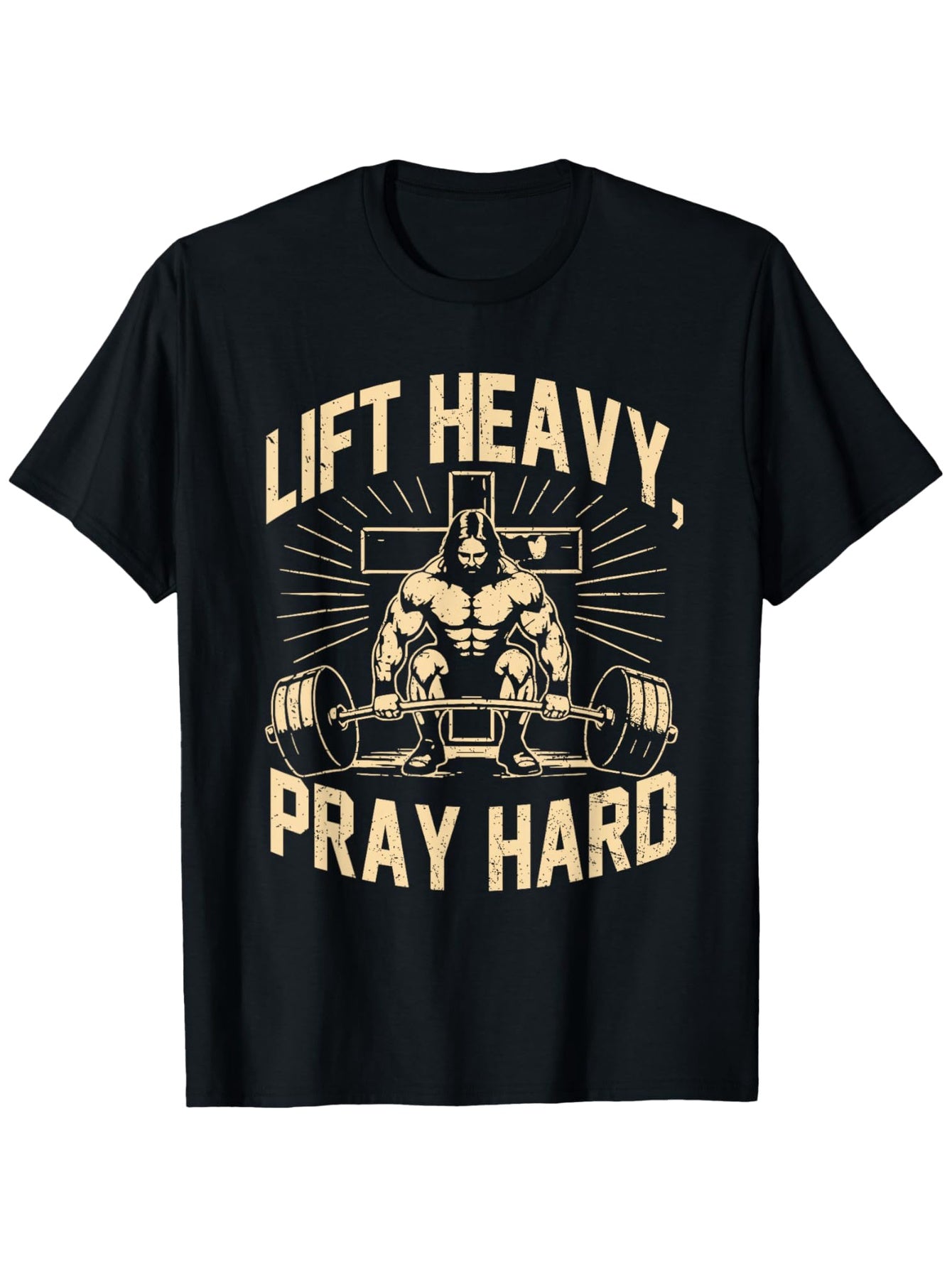 Christian T-Shirt with Golden Lettering - Lift Heavy Pray Hard TShirt, Faith-Based Apparel, Religious Weightlifting Design for Church, Casual Wear