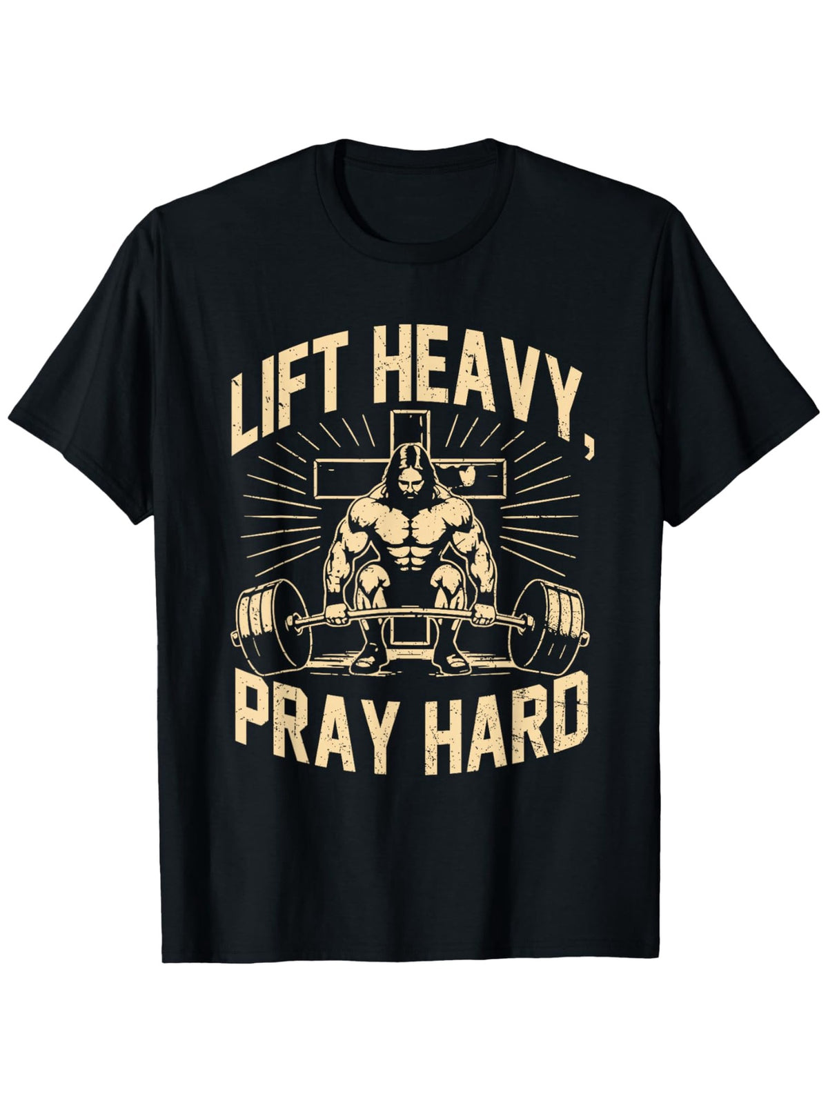 Christian T-Shirt with Golden Lettering - Lift Heavy Pray Hard TShirt, Faith-Based Apparel, Religious Weightlifting Design for Church, Casual Wear