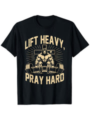 Christian T-Shirt with Golden Lettering - Lift Heavy Pray Hard TShirt, Faith-Based Apparel, Religious Weightlifting Design for Church, Casual Wear