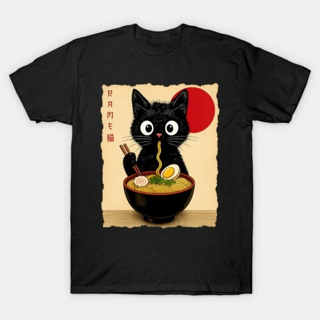 Unisex Japanese Ramen Black Cat Vintage Ukiyo-e Style Noodle Lover Graphic Crew Neck Short Sleeve Casual T-Shirt
