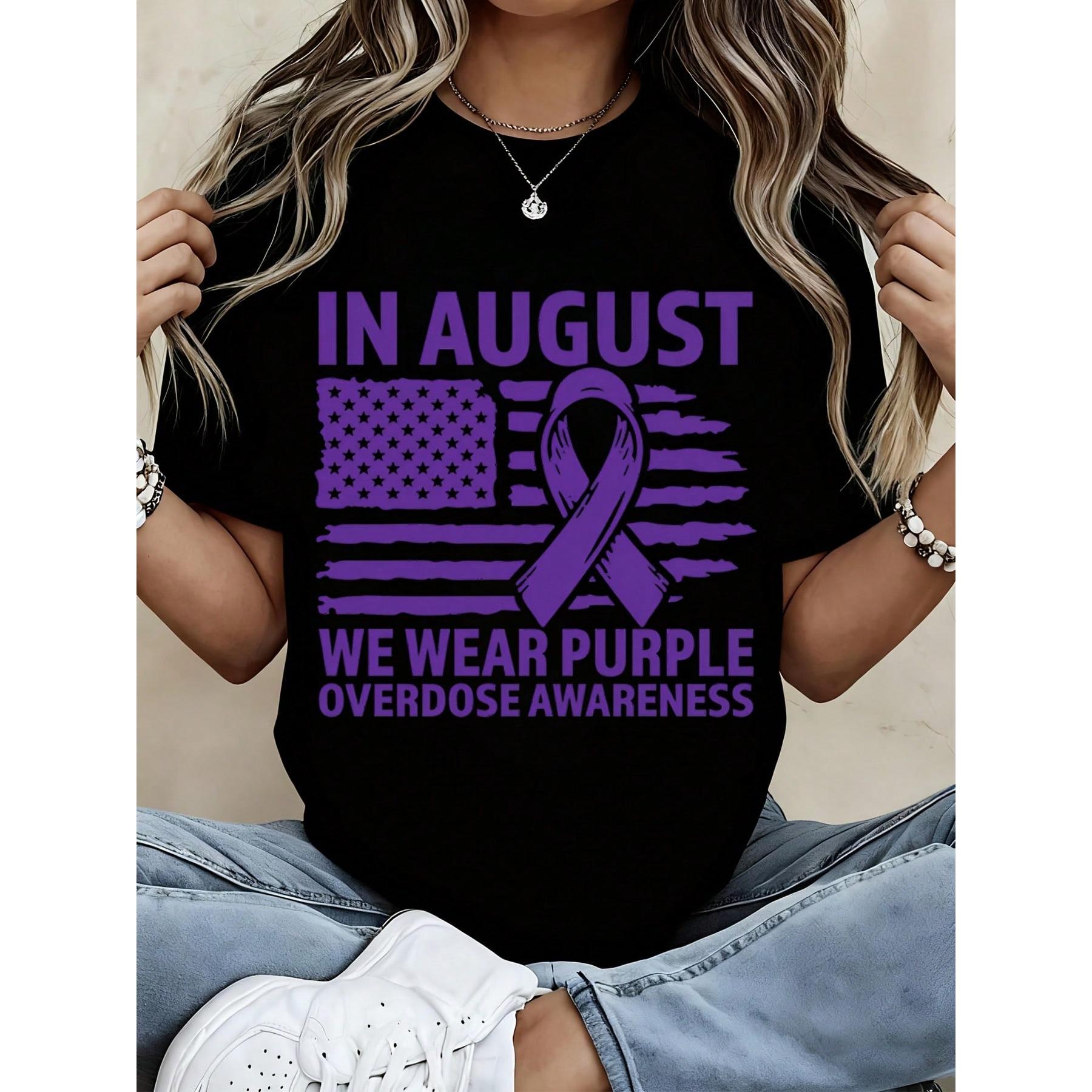 Women Casual T Shirt White In August We Wear Purple Overdose Awareness Ribbon American Flag Print Summer Streetwear Top