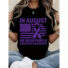 Women Casual T Shirt White In August We Wear Purple Overdose Awareness Ribbon American Flag Print Summer Streetwear Top