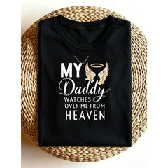 Men'S Memory T Shirt My Daddy Watches Over Me From Heaven Golden Angel Wings & Heart Print, Comfort Fit Round Neck Short Sleeve Casual Shirt