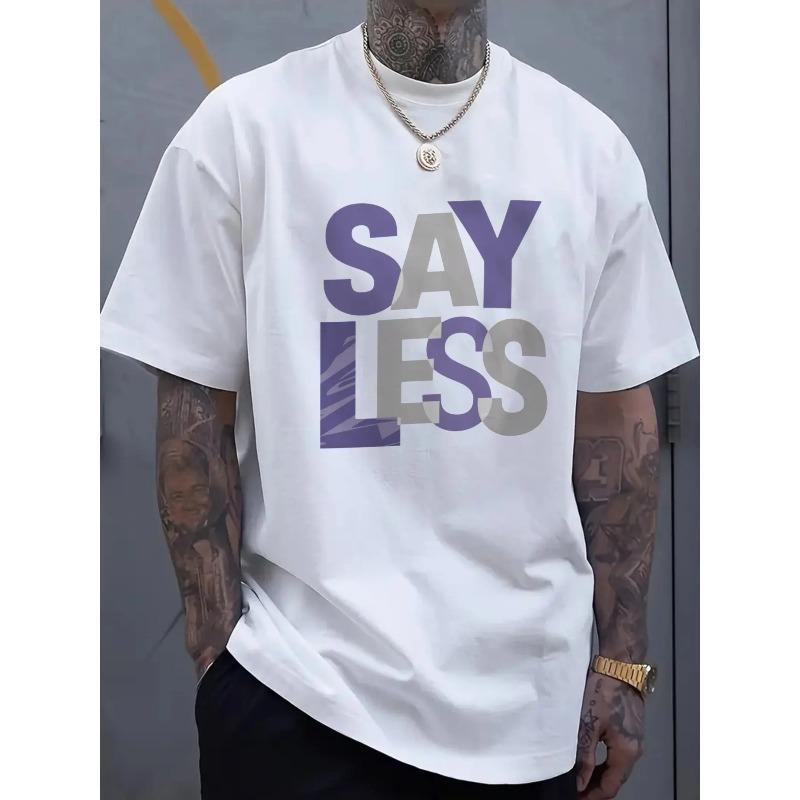 Men's Black T-Shirt, Purple and White SAY LESS Print, Suitable for Casual Wear