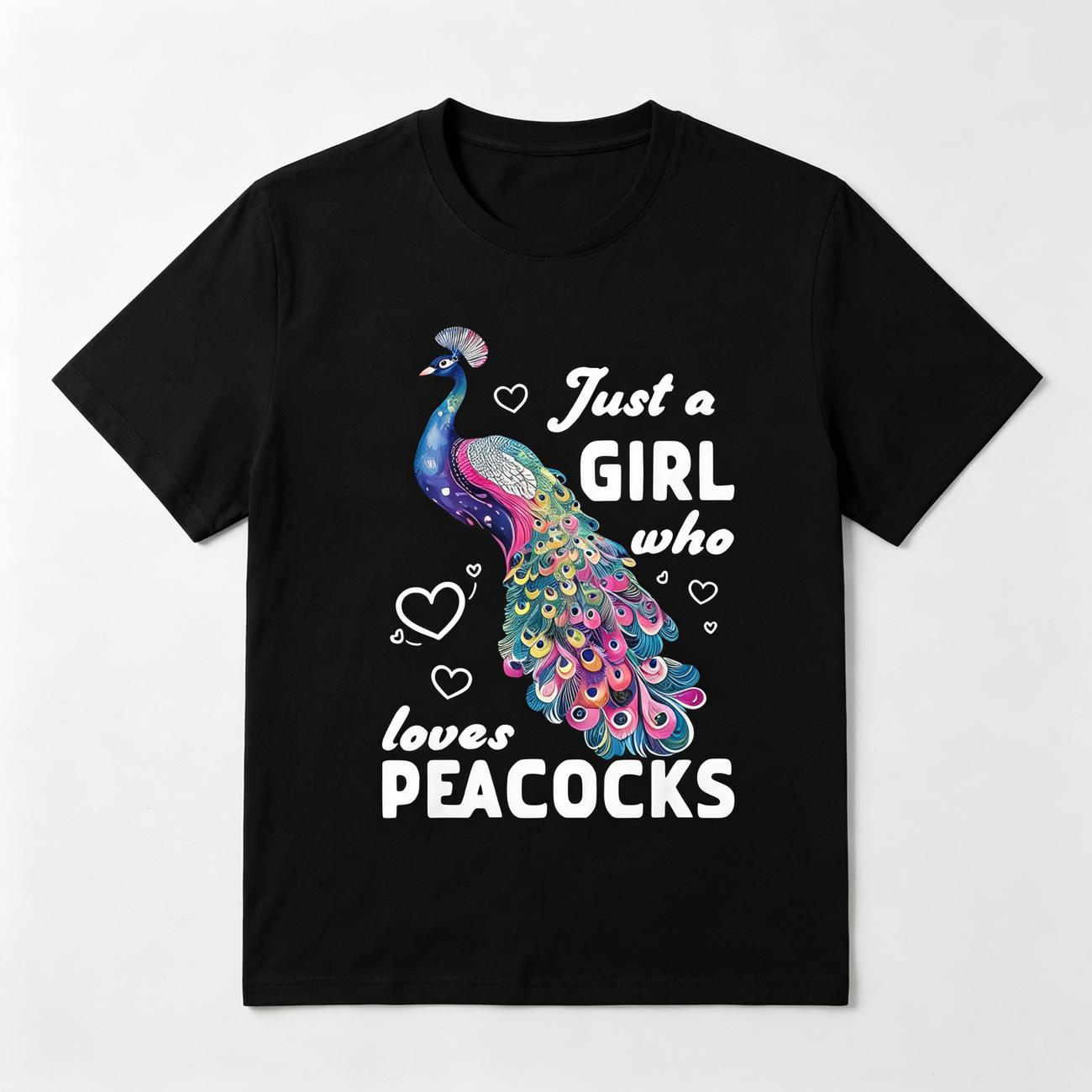 Just a Girl Who Loves Peacocks Peacock Feather Vintage Graphic T-Shirt Cute Bird Lover Gift Unisex Summer Casual Top Soft Cotton Crew Neck Retro Style