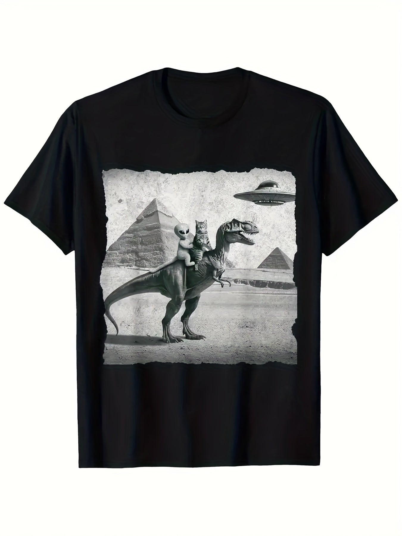 Men's Funny UFO Alien Riding T-Rex Dinosaur Egyptian Pyramid Short Sleeve TShirt - Casual Round Neck Tee Suitable