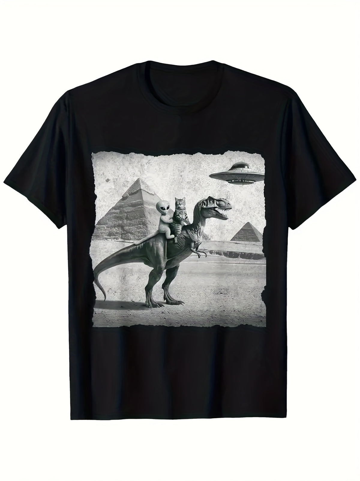 Men's Funny UFO Alien Riding T-Rex Dinosaur Egyptian Pyramid Short Sleeve TShirt - Casual Round Neck Tee Suitable