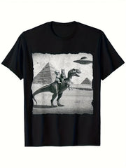 Men's Funny UFO Alien Riding T-Rex Dinosaur Egyptian Pyramid Short Sleeve TShirt - Casual Round Neck Tee Suitable