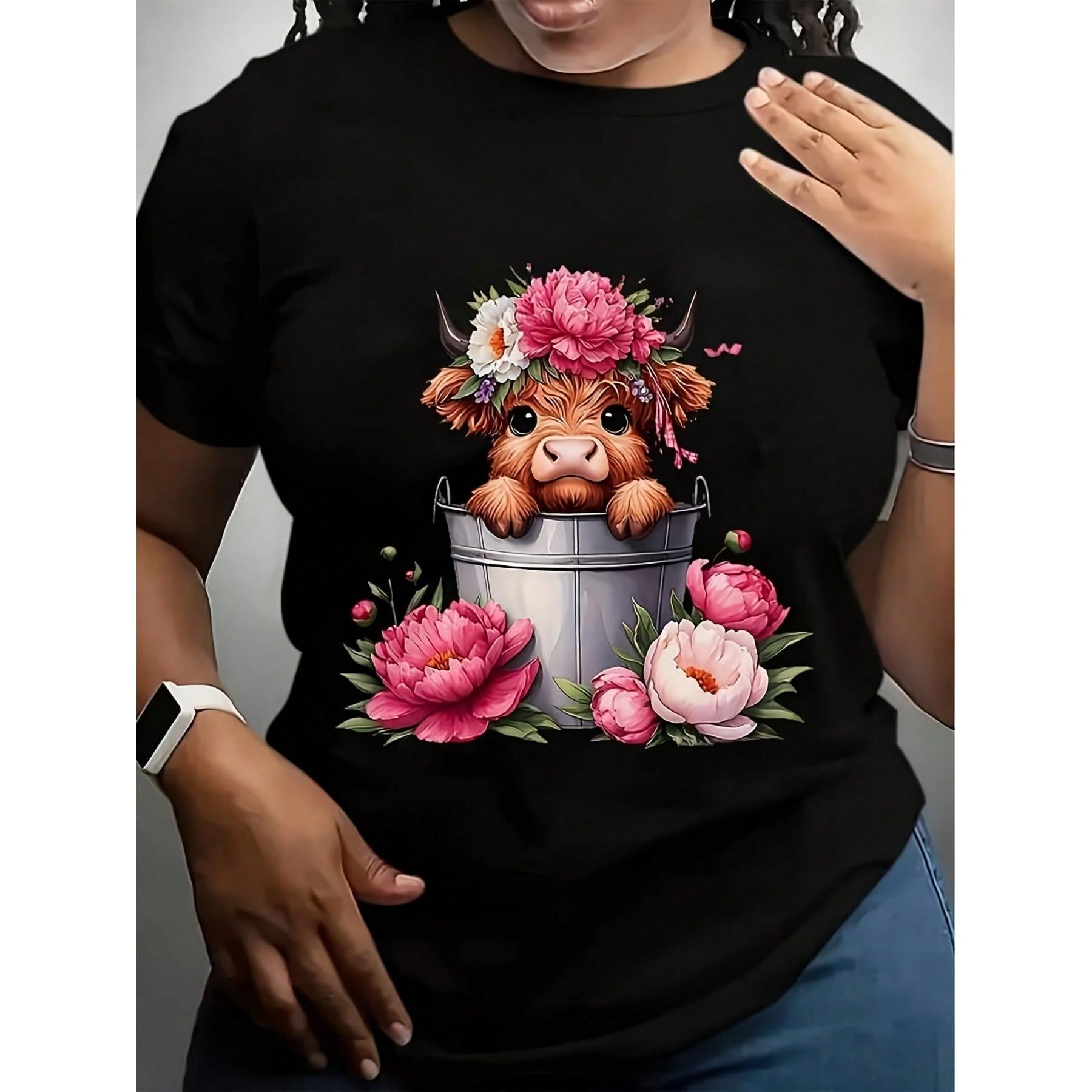Men's Pink Highland Cow Graphic T Shirt Soft Breathable Lightweight Short Sleeve Crew Neck Cute Scottish Cow With Flowers & Hearts Print Unisex Casual