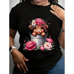 Men's Pink Highland Cow Graphic T Shirt Soft Breathable Lightweight Short Sleeve Crew Neck Cute Scottish Cow With Flowers & Hearts Print Unisex Casual