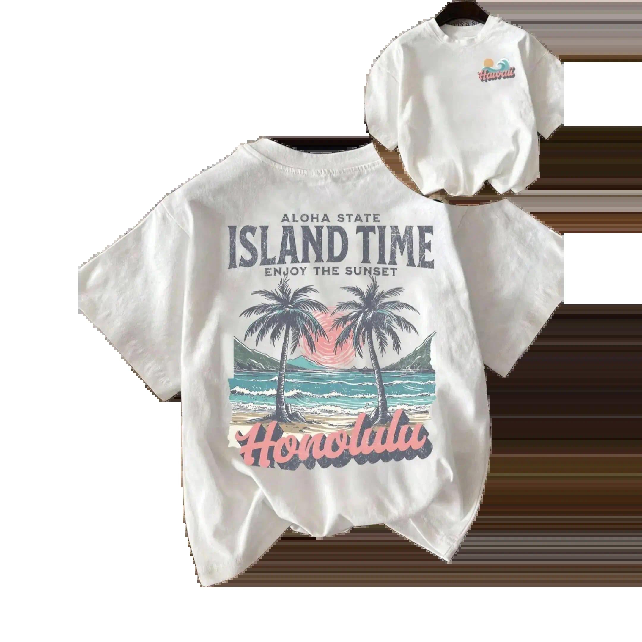 Women's Casual Fit Round Neck T-Shirt, Tropical Coconut Tree Beach Print, Comfortable Breathable Fabric, Perfect for Daily Wear