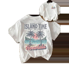 Women's Casual Fit Round Neck T-Shirt, Tropical Coconut Tree Beach Print, Comfortable Breathable Fabric, Perfect for Daily Wear