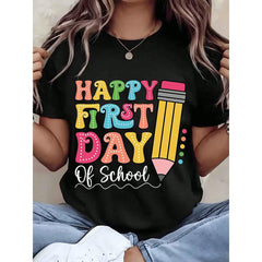 Women T Shirt Happy First Day Of School Print Colorful Pencil Design Round Neck Regular Fit Casual Top Gift For Back To School Season