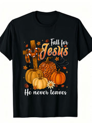 Fall For Jesus He Never Leaves Autumn Christian Faith Graphic Tee for Men Women, Pumpkin Cross Short Sleeve T-Shirt, Casual Crew Neck Top for Church Gift