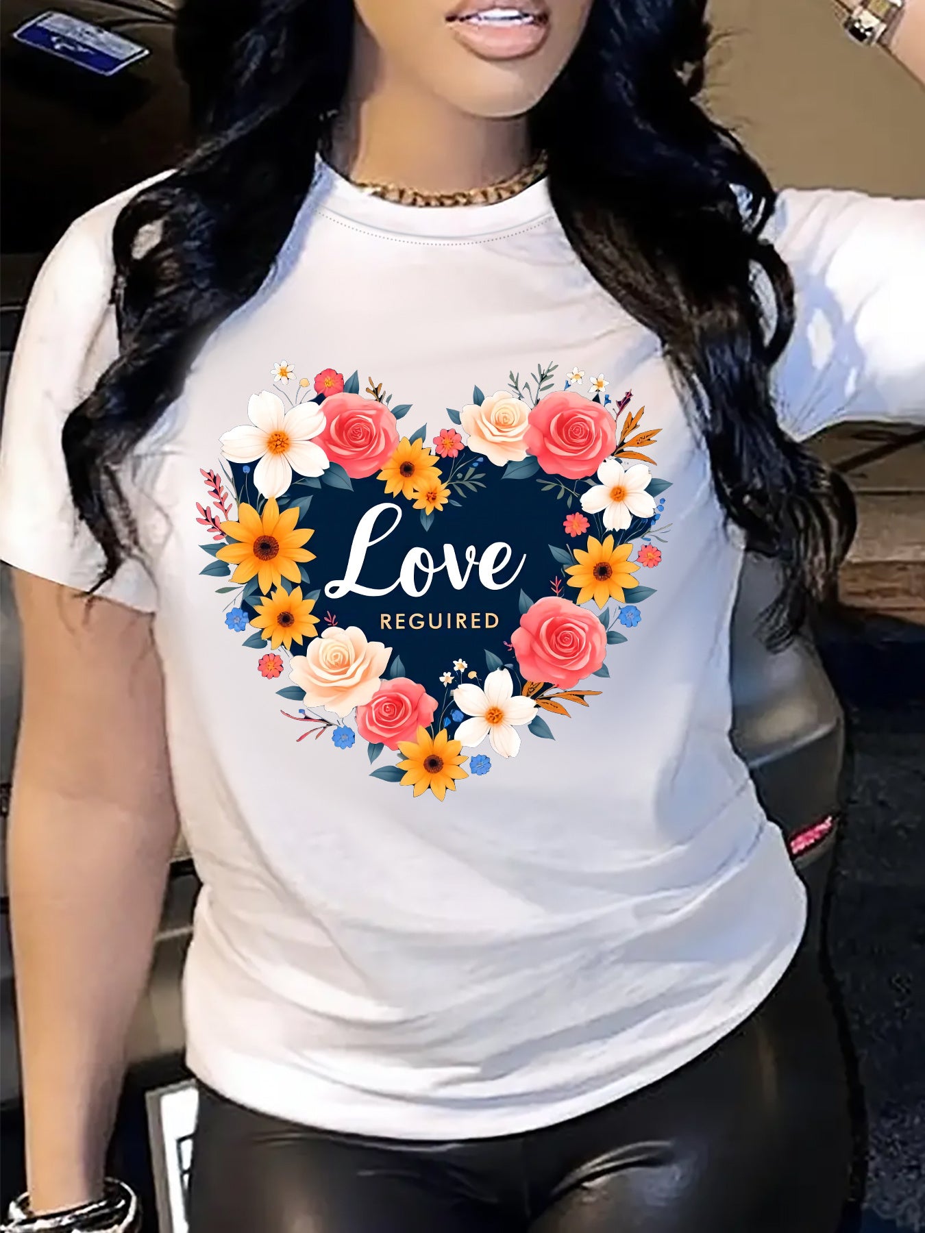 Casual Women Short Sleeve T‑Shirt, Beautiful Floral Heart Wreath “Love Required” Letter Print Crew Neck Fashion Tee