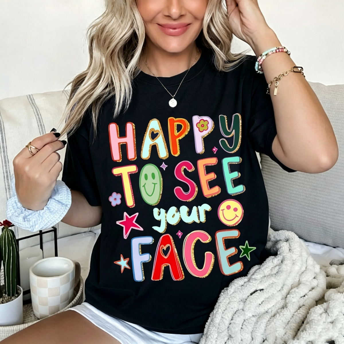 Women's Happy To See Your Face Colorful Doodle Graphic T‑Shirt 100%Cotton Hand Drawn Colorful Doodle Stars Messy Glitter Teacher T-shirt Appreciation Gift Tee