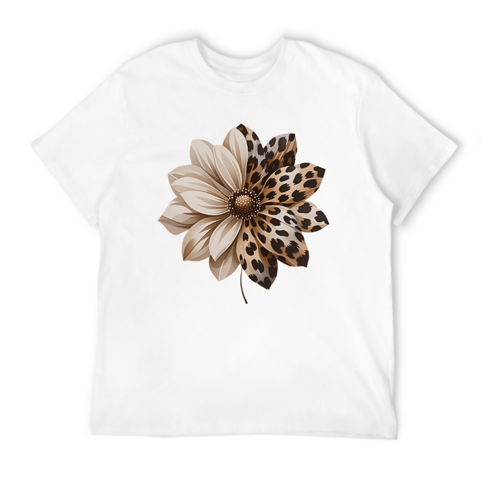Women'S Elegant Style Plus Size Short Sleeve, Half Leopard Print Half Solid Dahlia Pattern Round Neck Comfortable
