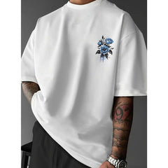 [Men's T-Shirt] New Men's T-Shirt, American Street Style Blue Peony Print T-Shirt