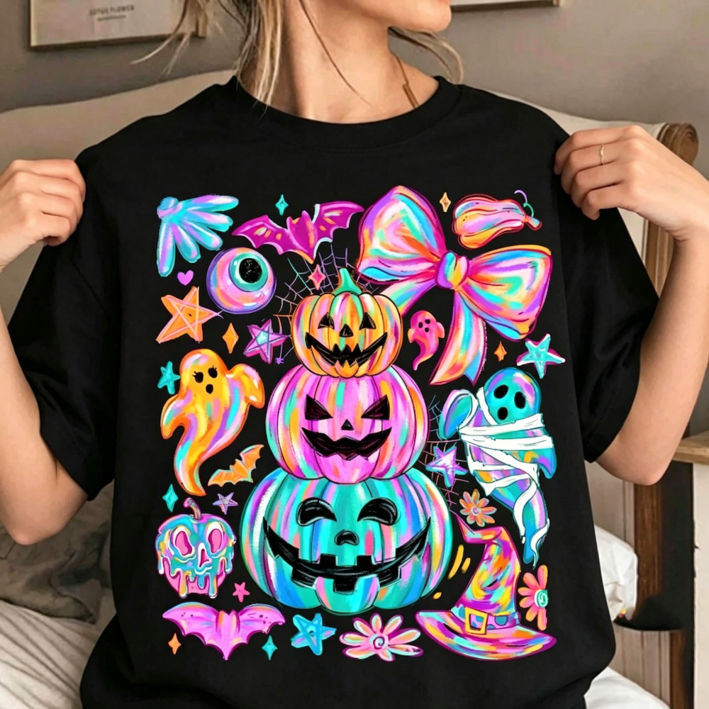 Women’s Cute Spooky Halloween Graphic T‑Shirt, Pastel Pumpkin Ghost Bat Bow Mummy Witch Hat Short Sleeve Casual Tee