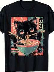 Cute Black Cat Eating Ramen Vintage Anime Graphic T-Shirt, Retro Japanese Style Casual Short Sleeve Tee For Cat Lovers Food Lovers Unisex Top