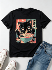 Men's & Women's Cute Cat Eating Ramen Anime T-Shirt - Japanese Kitten & Ramen Bowl Graphic