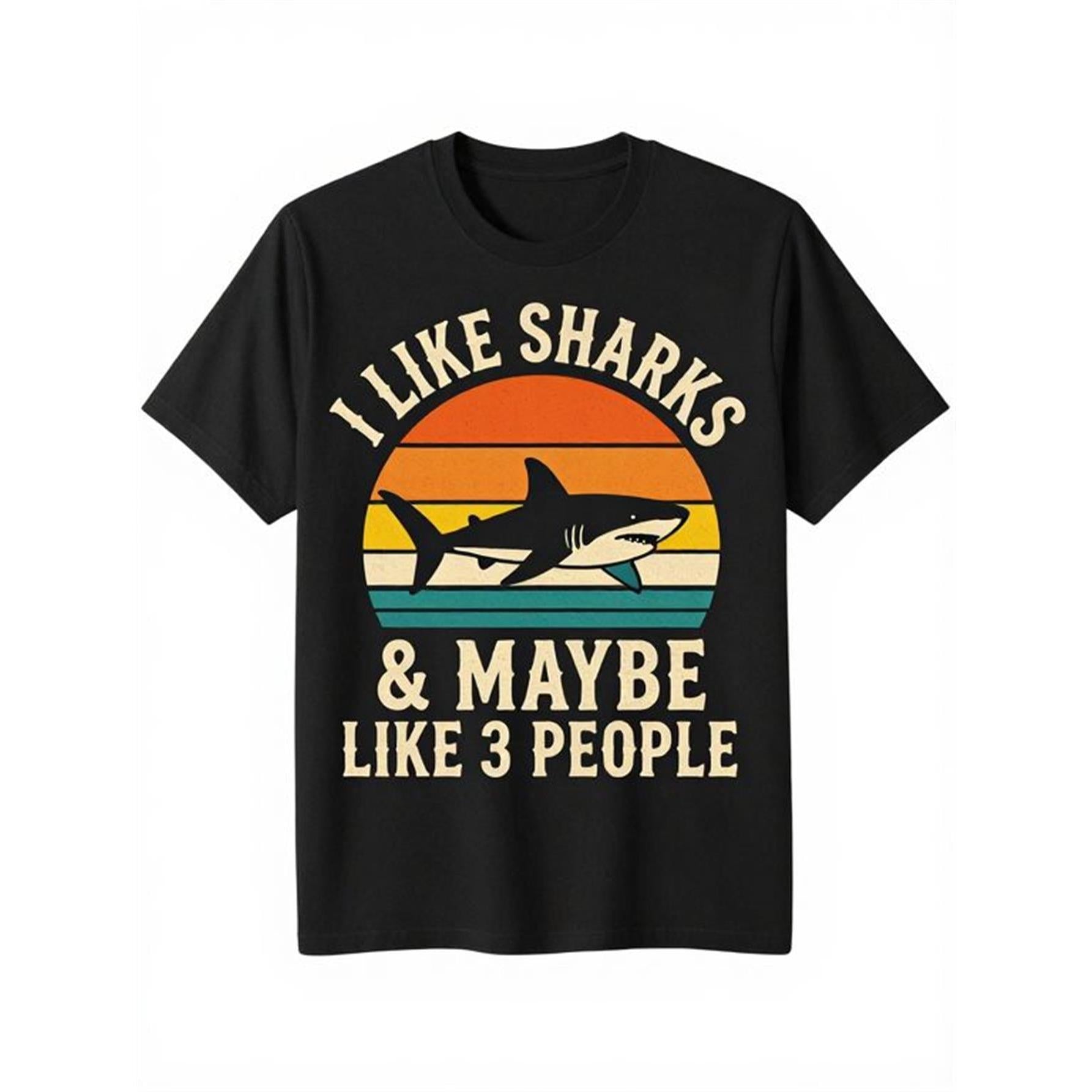 Mens Shark Graphic T-Shirt - I Like Sharks & Maybe Like People Slogan, Black with White Shark Print, Casual Short Sleeve Tee for Shark Lovers, Surfing & Marine Life Enthusiasts, Round Neck Shirt, Male Tshirt