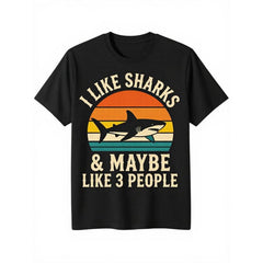 Mens Shark Graphic T-Shirt - I Like Sharks & Maybe Like People Slogan, Black with White Shark Print, Casual Short Sleeve Tee for Shark Lovers, Surfing & Marine Life Enthusiasts, Round Neck Shirt, Male Tshirt