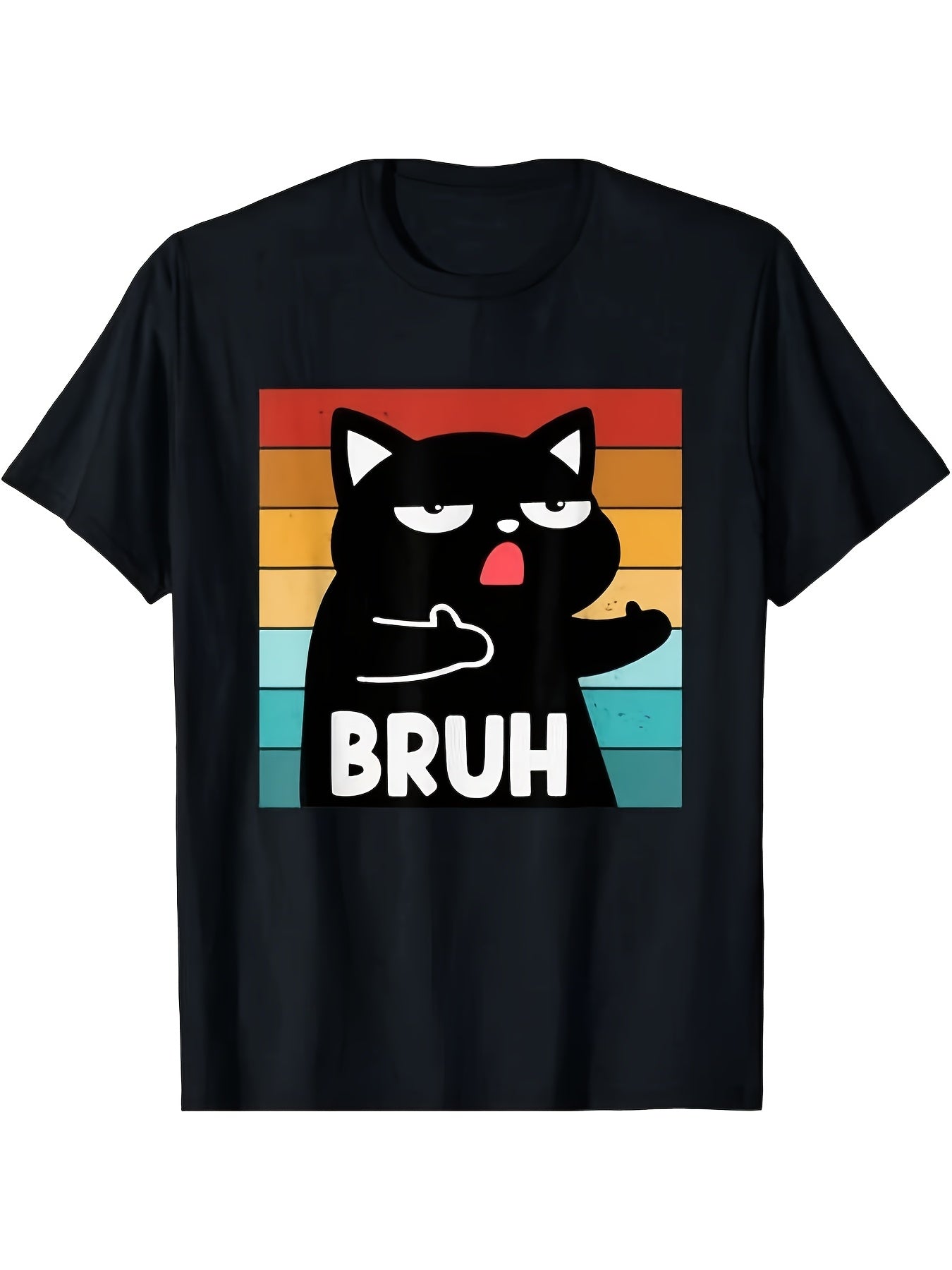 Retro Sunset Bruh Black Cat Funny Graphic T-Shirt, Casual Humor Cartoon Crewneck Tee for Daily Wear Unisex
