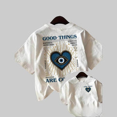 Women's Short-Sleeve Graphic T-Shirt - Double-Sided Printed, Retro Style, Evil Eye/Heart/GOOD THINGS HAPPINESS Designs, Round Neck, Loose Comfortable Fabric, Spring-Summer Casual Wear, Tshirt, Shortsleeve, Bottoms, Essential