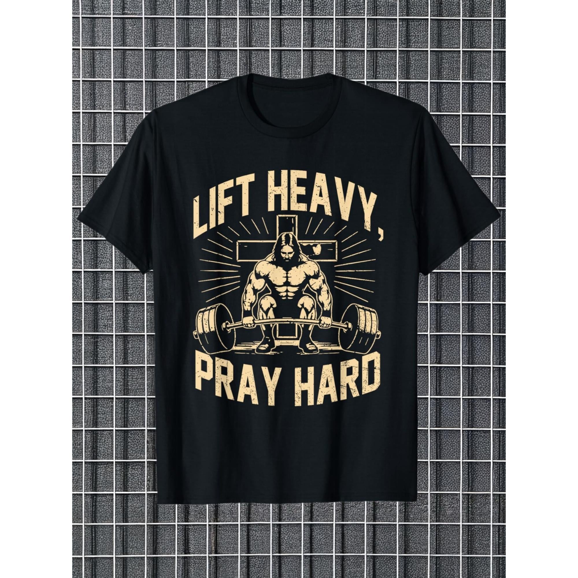 Christian Workout T-Shirt with Golden Lettering - Lift Heavy Pray Hard Gym Shirt, Faith-Based Fitness Apparel, Religious Weightlifting Design for Church, Gym & Casual Wear