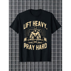 Christian Workout T-Shirt with Golden Lettering - Lift Heavy Pray Hard Gym Shirt, Faith-Based Fitness Apparel, Religious Weightlifting Design for Church, Gym & Casual Wear