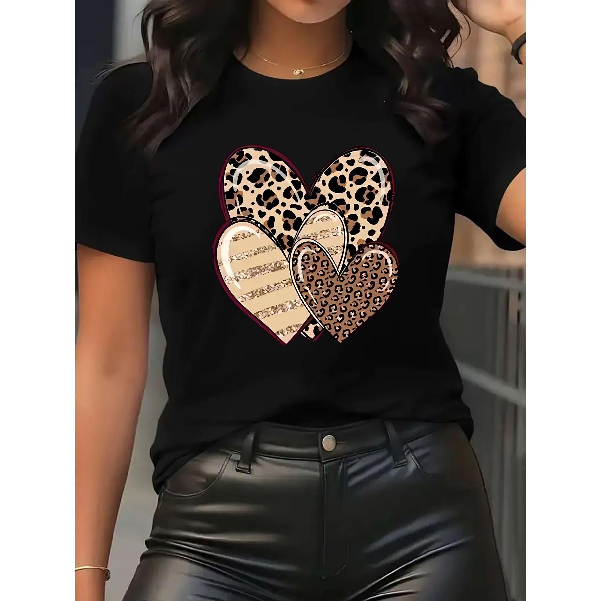 Fashion Women's Short-Sleeve T-Shirt - A Heart Print Featuring Interwoven Leopard and Stripe Patterns, Stylish and Romantic. The Printed Design Is Machine Washable, and This Comfortable Casual Round-neck Top Is Easy to Pair. Made from High-quality