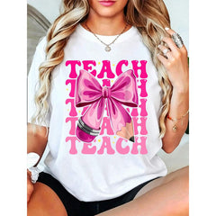 100% Cotton Groovy Teach Coquette Bow Teacher Women Girls Back To School T-Shirt Women's Men's Streetwear Graphic Tee Black Crew Neck Vacation Tops