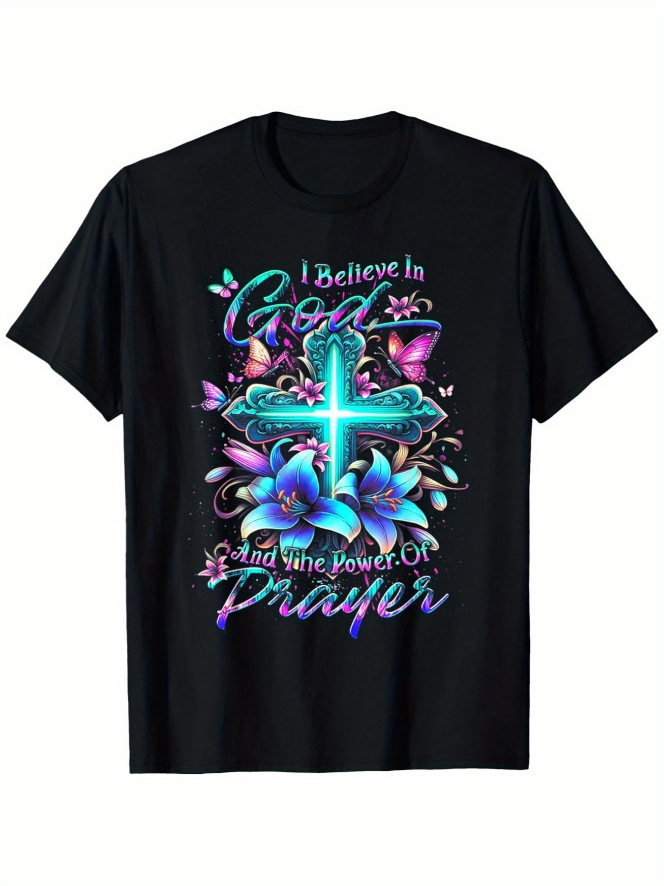 Women’s I Believe In God And The Power Of Prayer Cross Butterfly Lily Floral Graphic T-Shirt, Religious Faith Short Sleeve Crew Neck Casual Top For Christian Gift