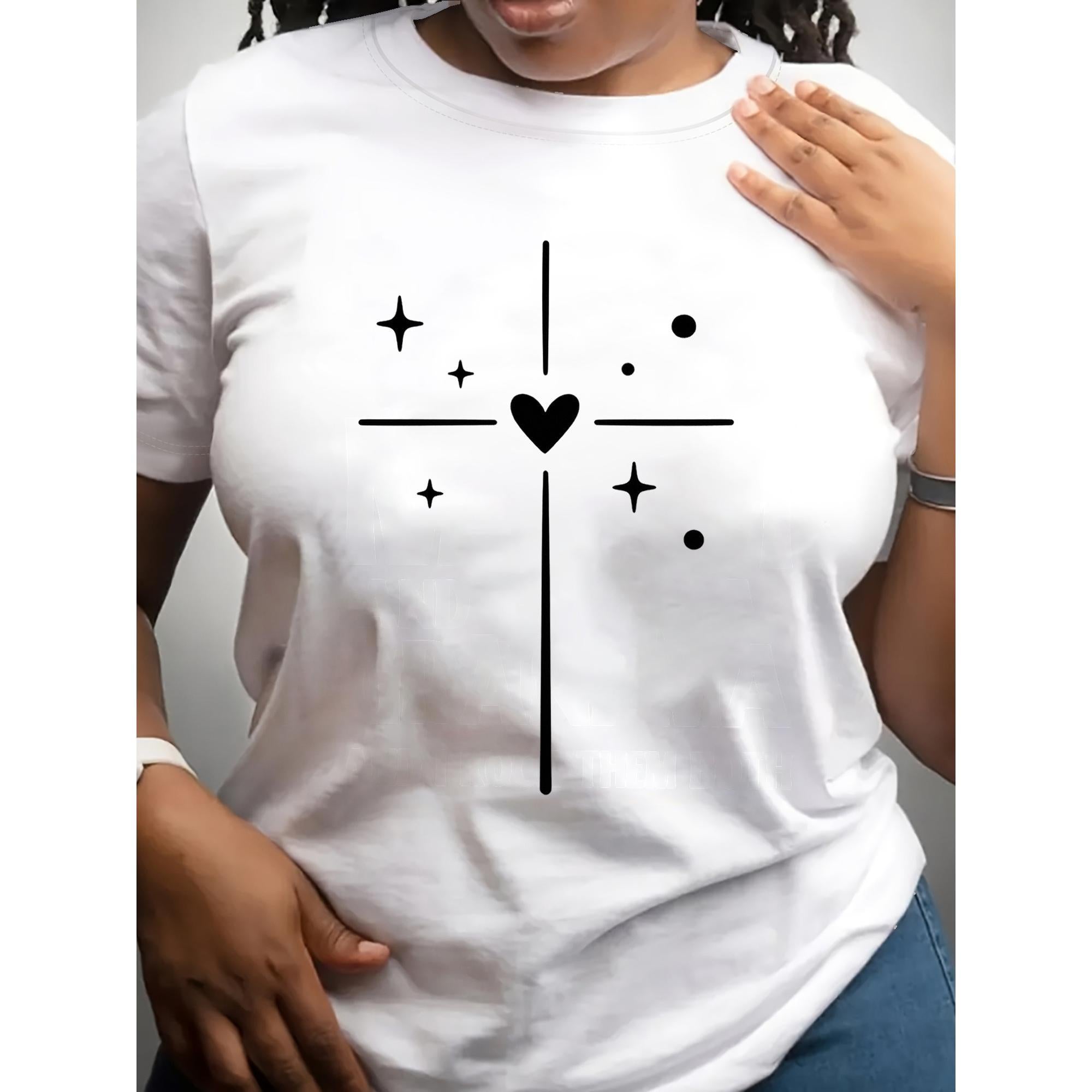 Cross Heart Print T-shirt, Regular Length, Casual Short-sleeved Round-neck T-shirt, Casual Short-sleeved T-shirt