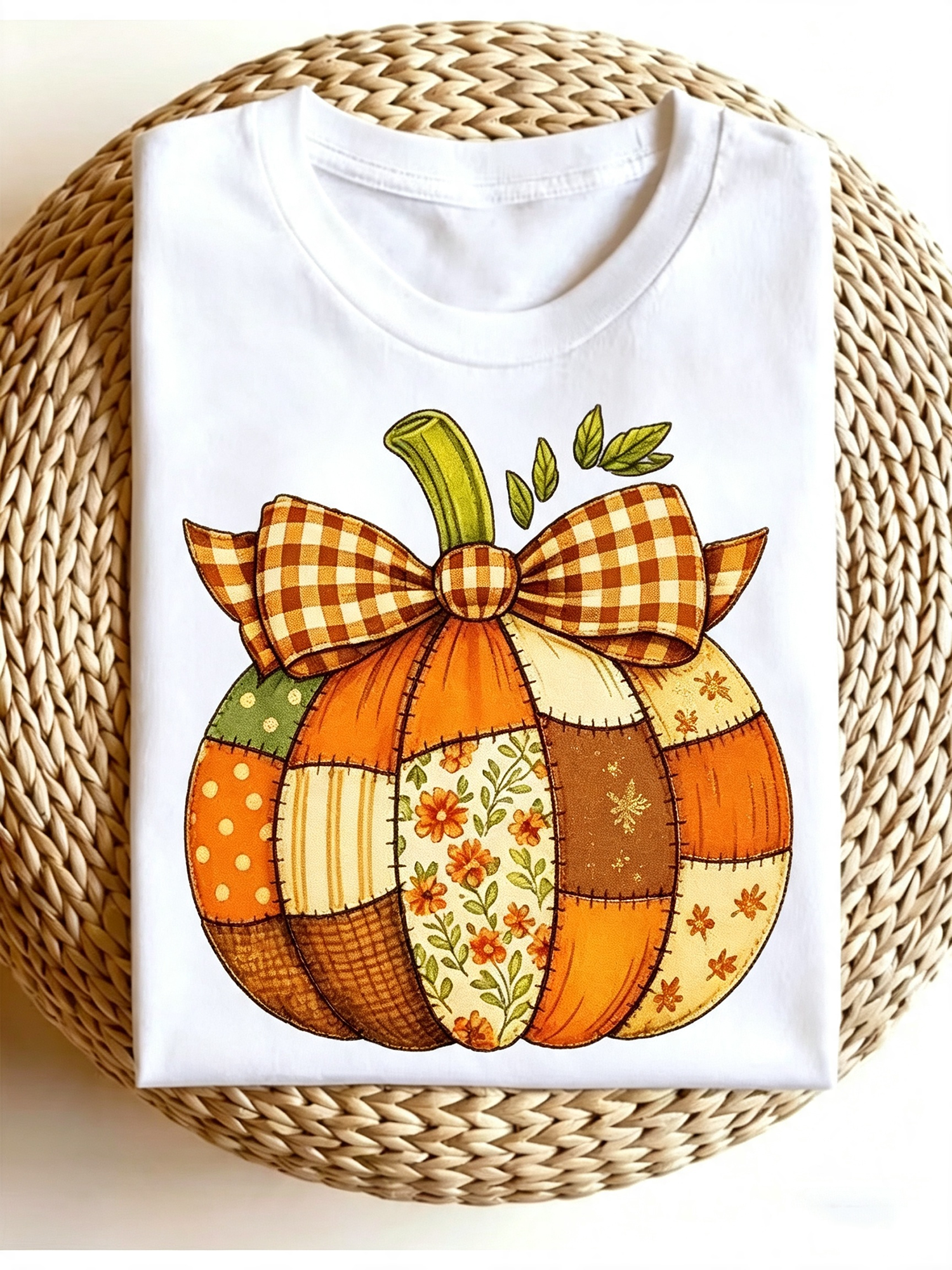 Fall Patchwork Pumpkin Bow Graphic T‑Shirt for Women, Retro Autumn Harvest Short Sleeve Crewneck Casual Tee Top