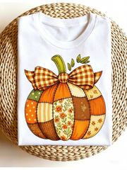 Fall Patchwork Pumpkin Bow Graphic T‑Shirt for Women, Retro Autumn Harvest Short Sleeve Crewneck Casual Tee Top