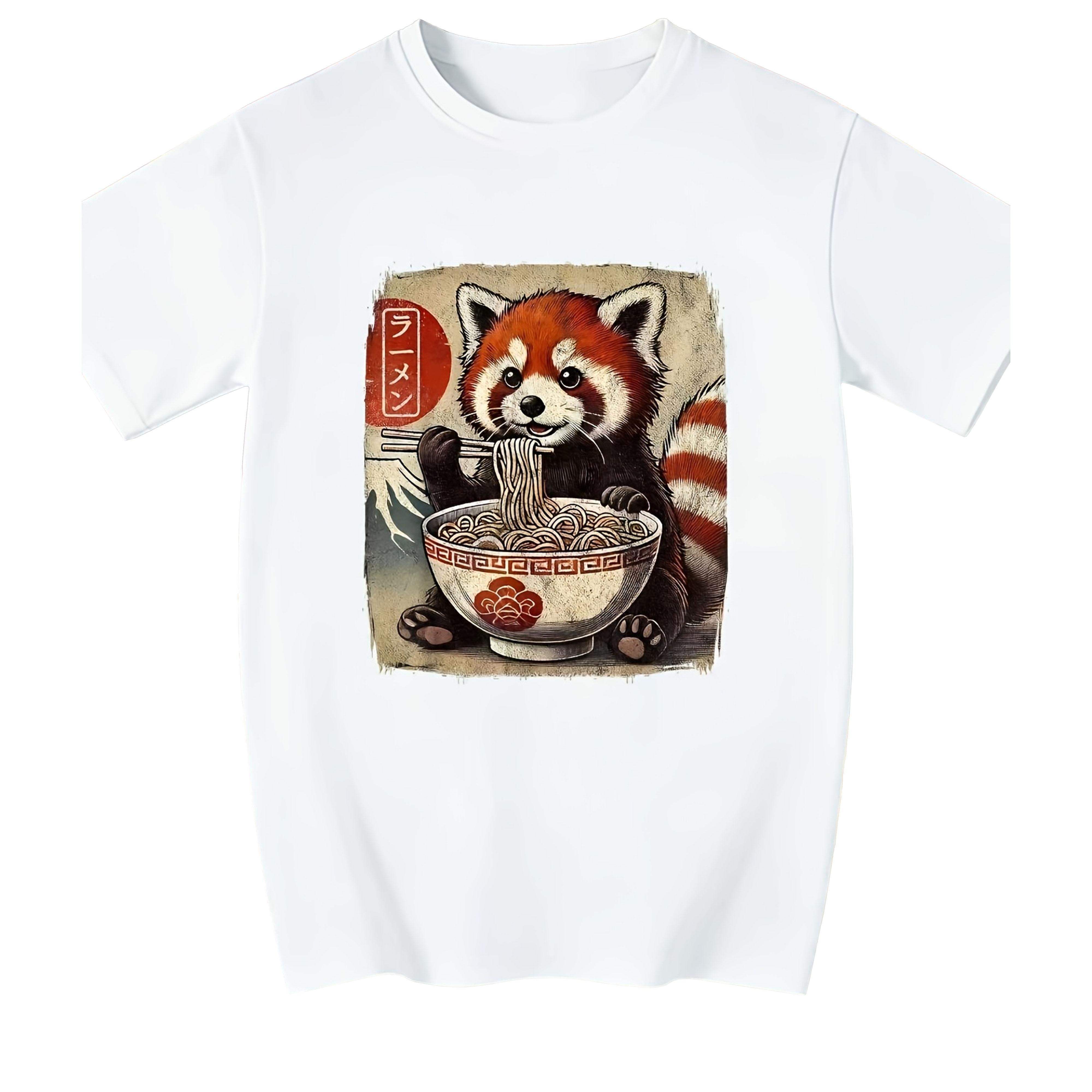 Funny Red Panda Eating Ramen Japanese Kawaii T-Shirt - Cute Anime Graphic Tee, Unisex Casual Top