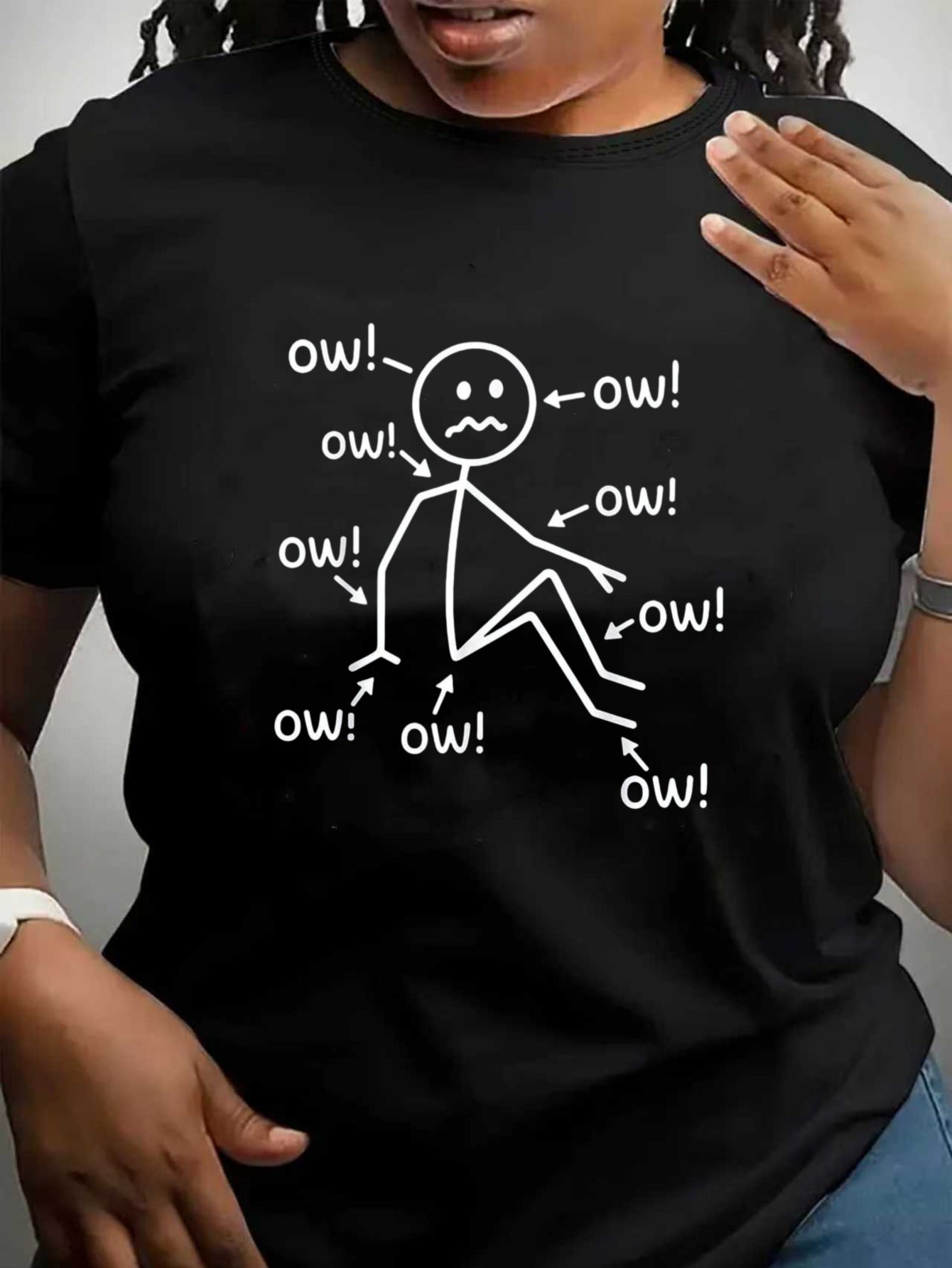 Women's and man Humor Graphic Tee, Funny "Ow!" Stick Figure Print Short Sleeve Crew Neck Casual T-Shirt, Soft Relaxed Fit Summer Top