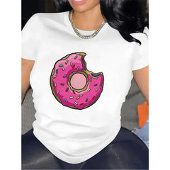Women's Short-Sleeve Cotton Top - Pink Donut Style, Comfortable Fit for Casual Home & Restaurant Outings, Shortsleeve, Tshirt, Crew Neck, Pure Cotton, T-Shirt