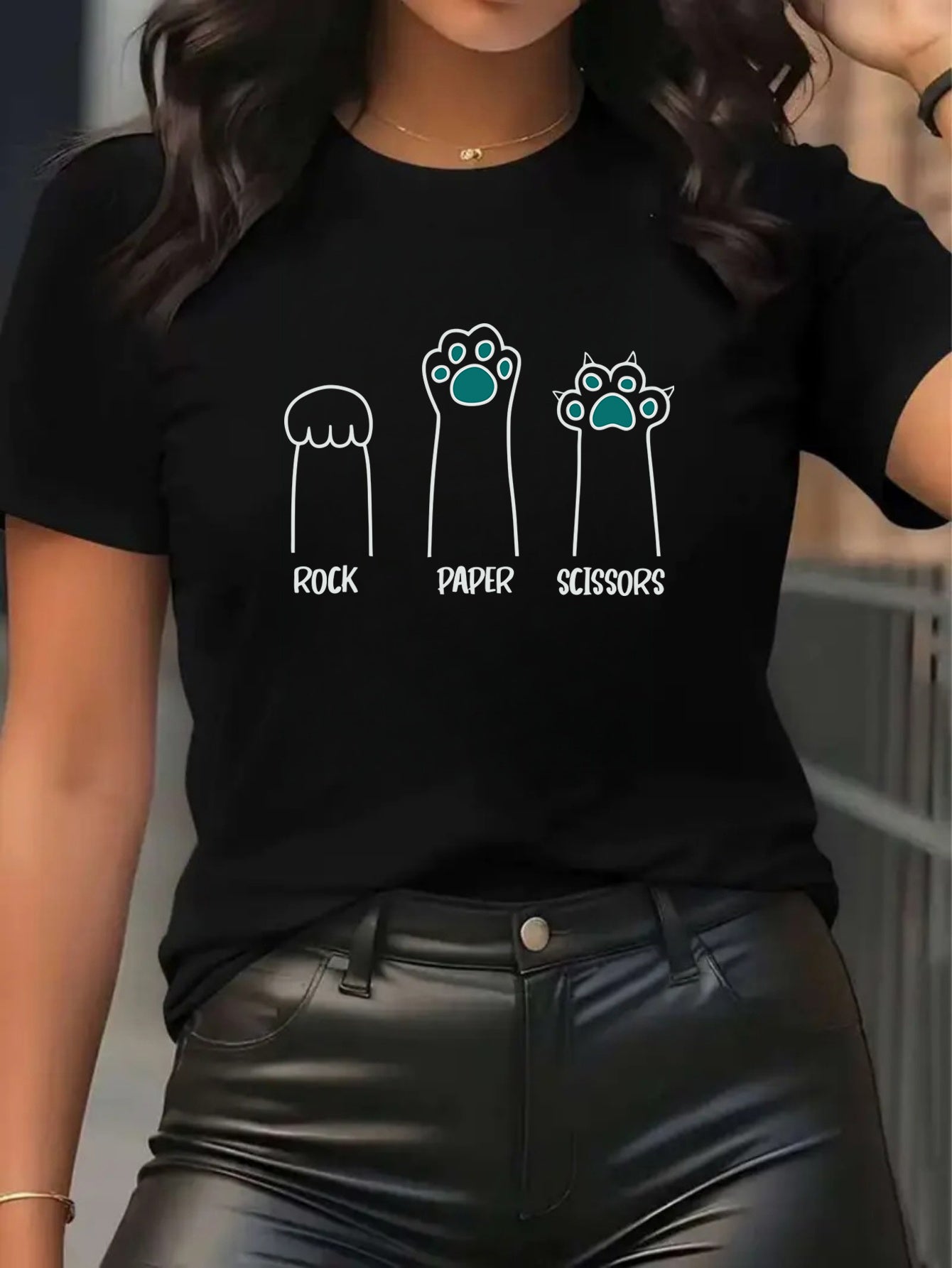Women's Cat Lover Graphic T Shirt, Cute Paw Print Rock Paper Scissors Design, Funny Pet Mom Short Sleeve Tee, Casual Cotton Shirt Gift For Cat Owners