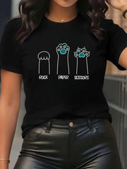 Women's Cat Lover Graphic T Shirt, Cute Paw Print Rock Paper Scissors Design, Funny Pet Mom Short Sleeve Tee, Casual Cotton Shirt Gift For Cat Owners