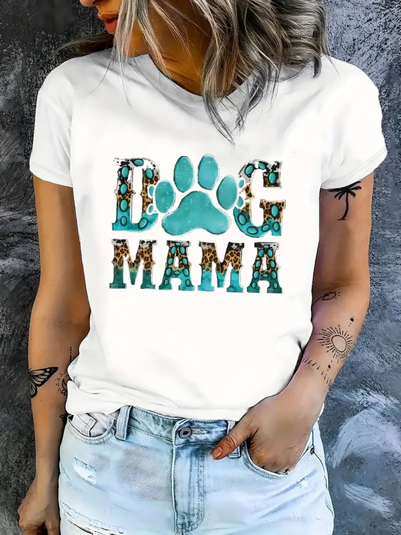 Women's Dog Mama Graphic T‑Shirt, Leopard Turquoise Dog Paw Print Short Sleeve Crew Neck Casual Tee
