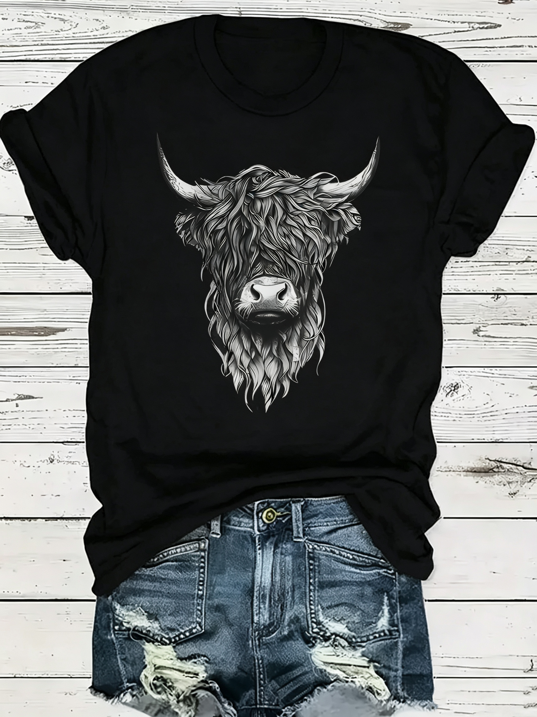 Funny Highland Cow T-shirt, Short Sleeved Casual Round Neck Women's Clothing  Summer Daily Wear