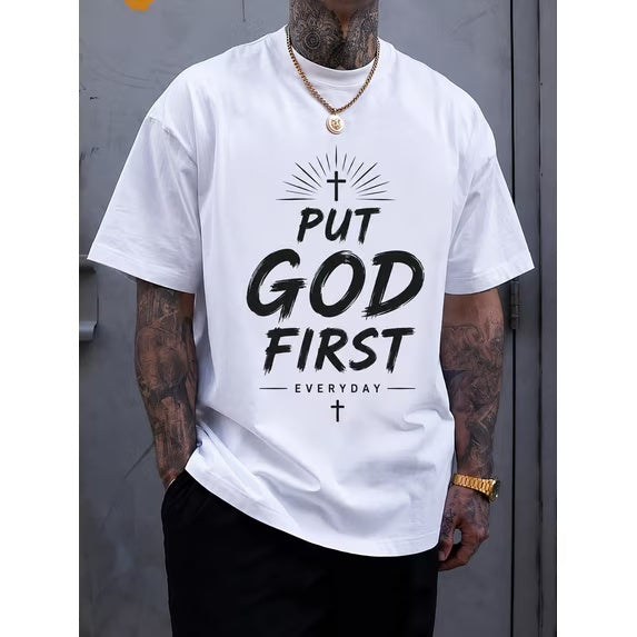 Men's Christian Graphic T-Shirt, "Put God First Everyday" Inspirational Faith Quote Print Casual Crew Neck Short Sleeve Tee, Religious Gift Shirt for Men