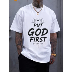 Men's Christian Graphic T-Shirt, "Put God First Everyday" Inspirational Faith Quote Print Casual Crew Neck Short Sleeve Tee, Religious Gift Shirt for Men