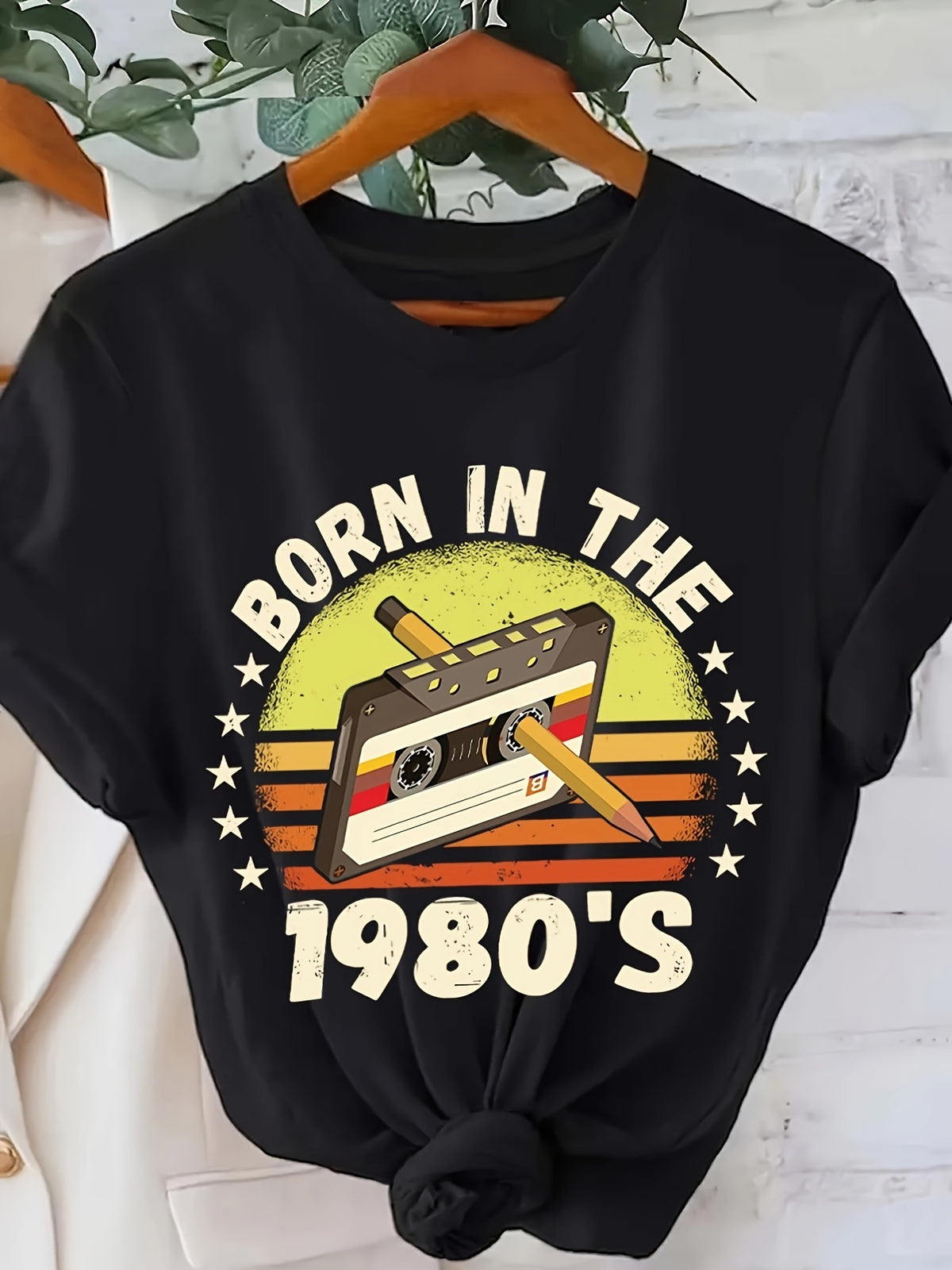 Vintage Cassette Tape Born in The 80S T-Shirt, Casual Crew Neck Short Sleeve Top, Spring Summer Women'S Clothing