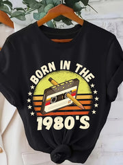 Vintage Cassette Tape Born in The 80S T-Shirt, Casual Crew Neck Short Sleeve Top, Spring Summer Women'S Clothing