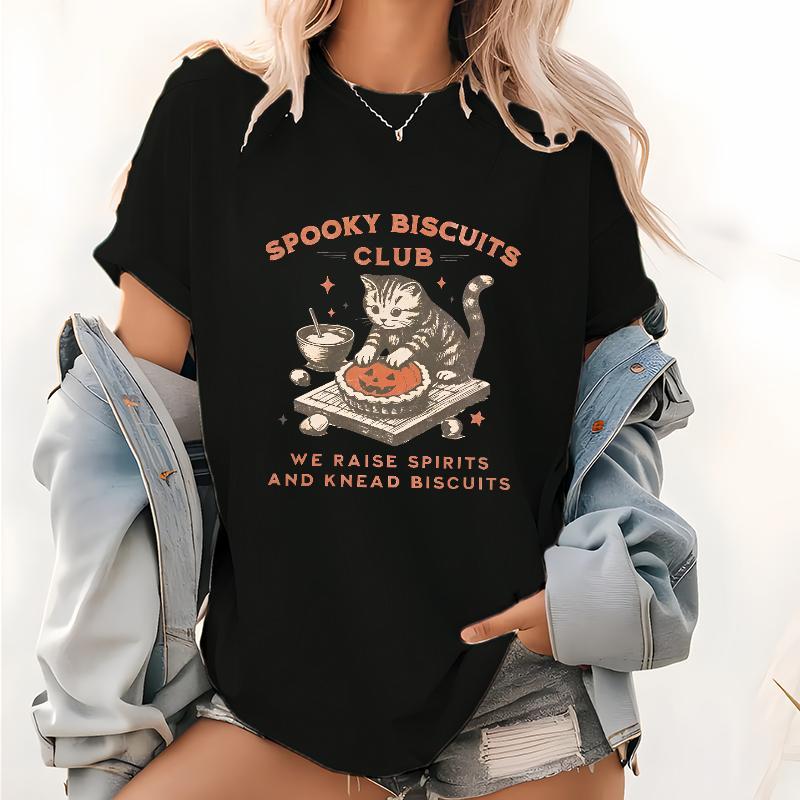Spooky Biscuits Club Shirt, Halloween Cat T-Shirt, Pumpkin Pie Tee, Spooky Cat Shirt, Halloween Baking T-Shirt, Gift for Men Women, Crew Neck T-shirt, Trending T-shirt
